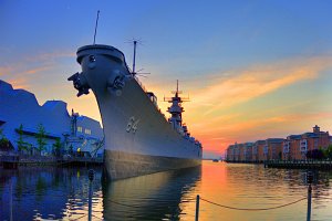 USS Missouri side at sunset